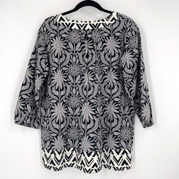 Hatley Womens Tie Front Geometric Print 3/4 Sleeve Blouse Black White Size Large - Picture 2 of 9